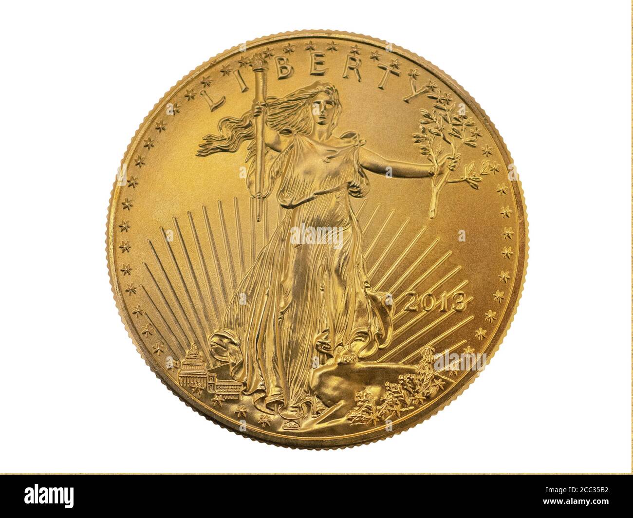Gold 1 oz. $ 50. Liberty coin worth $ 2000. in today`s dollars, isolated Stock Photo